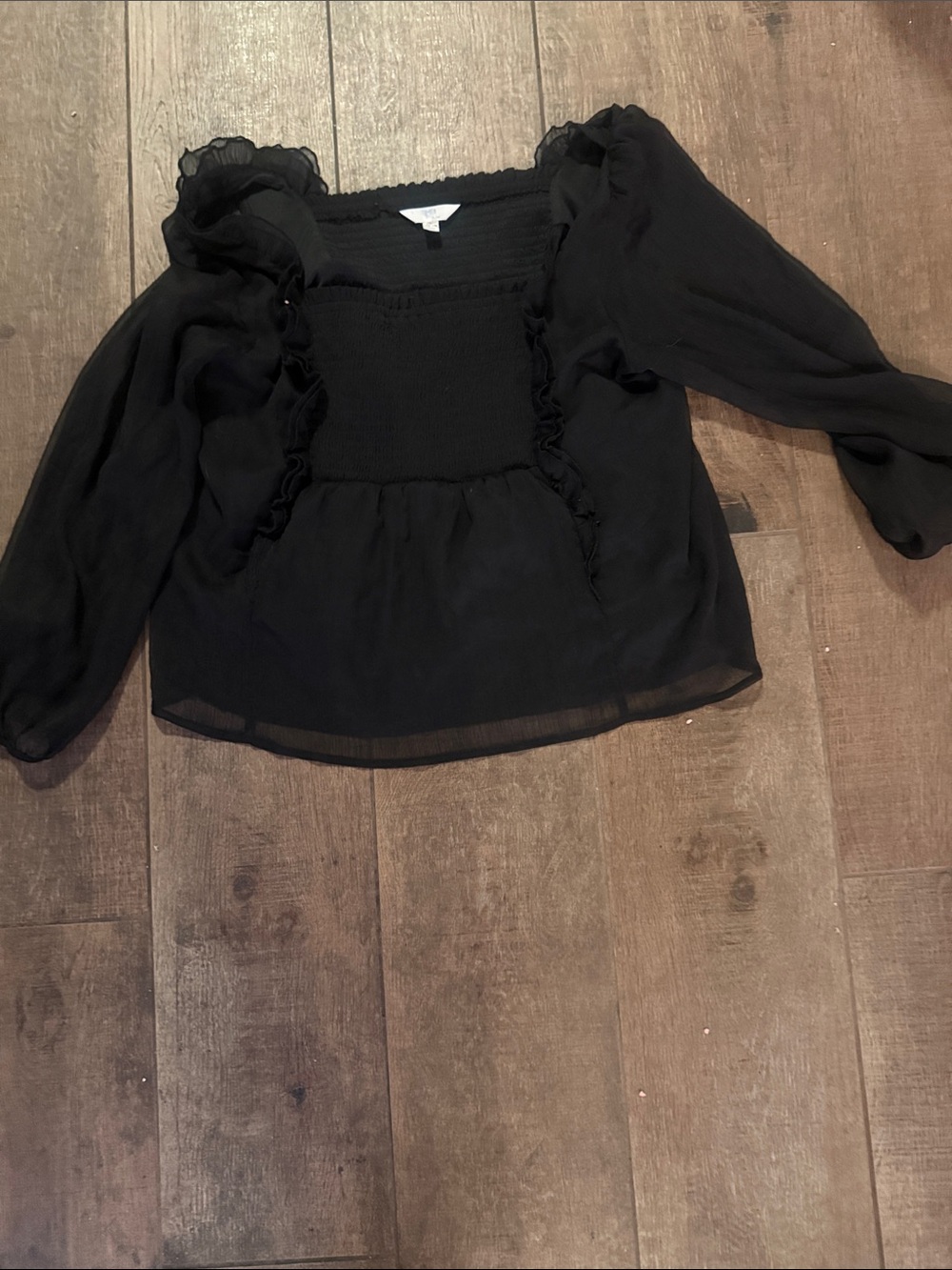 Black Sheer Smocked Square-Neck Blouse Girls Large 12-14